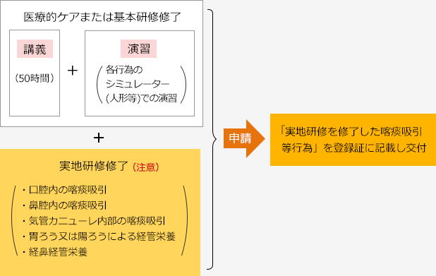 医療的ケア修了または基本研修修了「講義（50時間）」、「演習（各行為のシミュレーター（人形等）での演習）」]及び[実地研修修了（・口腔内の喀痰吸引、・鼻腔内の喀痰吸引、・気管かカニューレ内部の喀痰吸引、・胃ろう又は陽ろうによる経管栄養、・経鼻経管栄養）]を修了後、実地研修を修了した喀痰吸引等行為を登録証に記載し交付